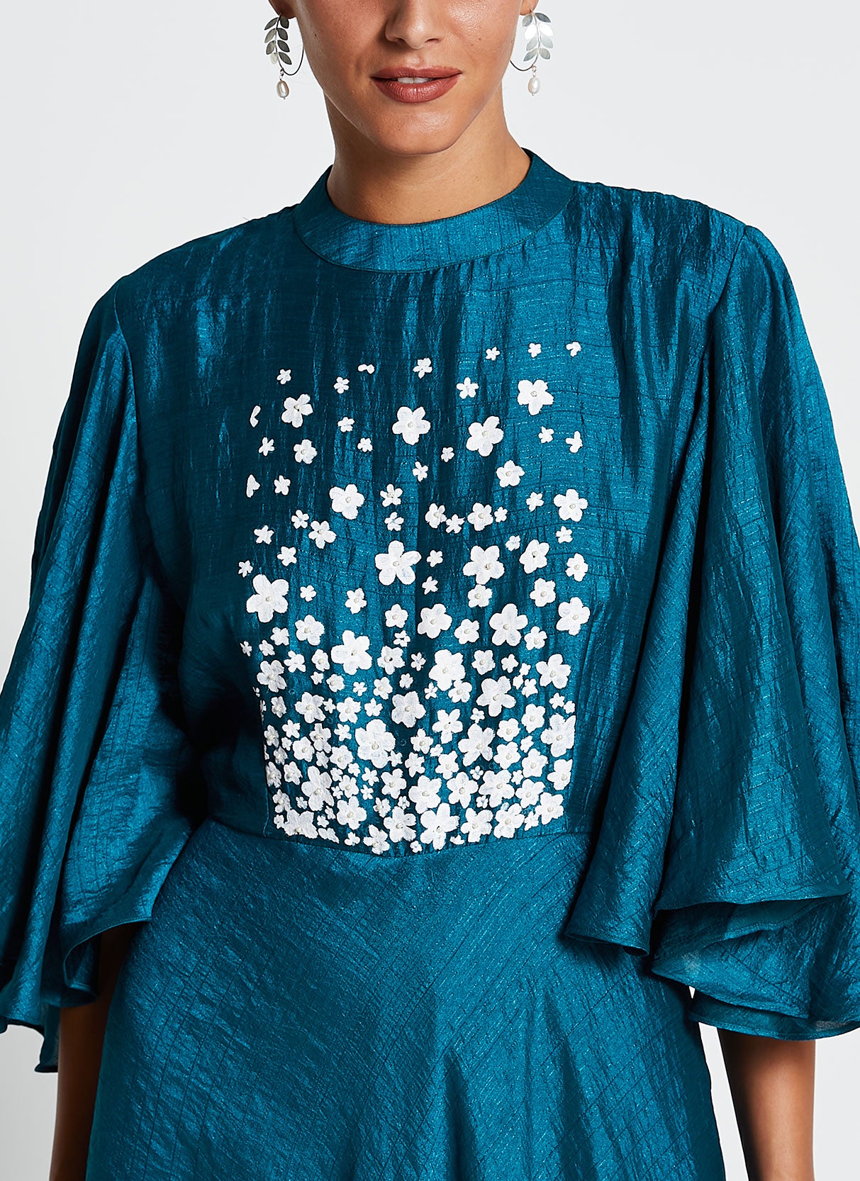 Teal Muslin Silk Embroidered Gown