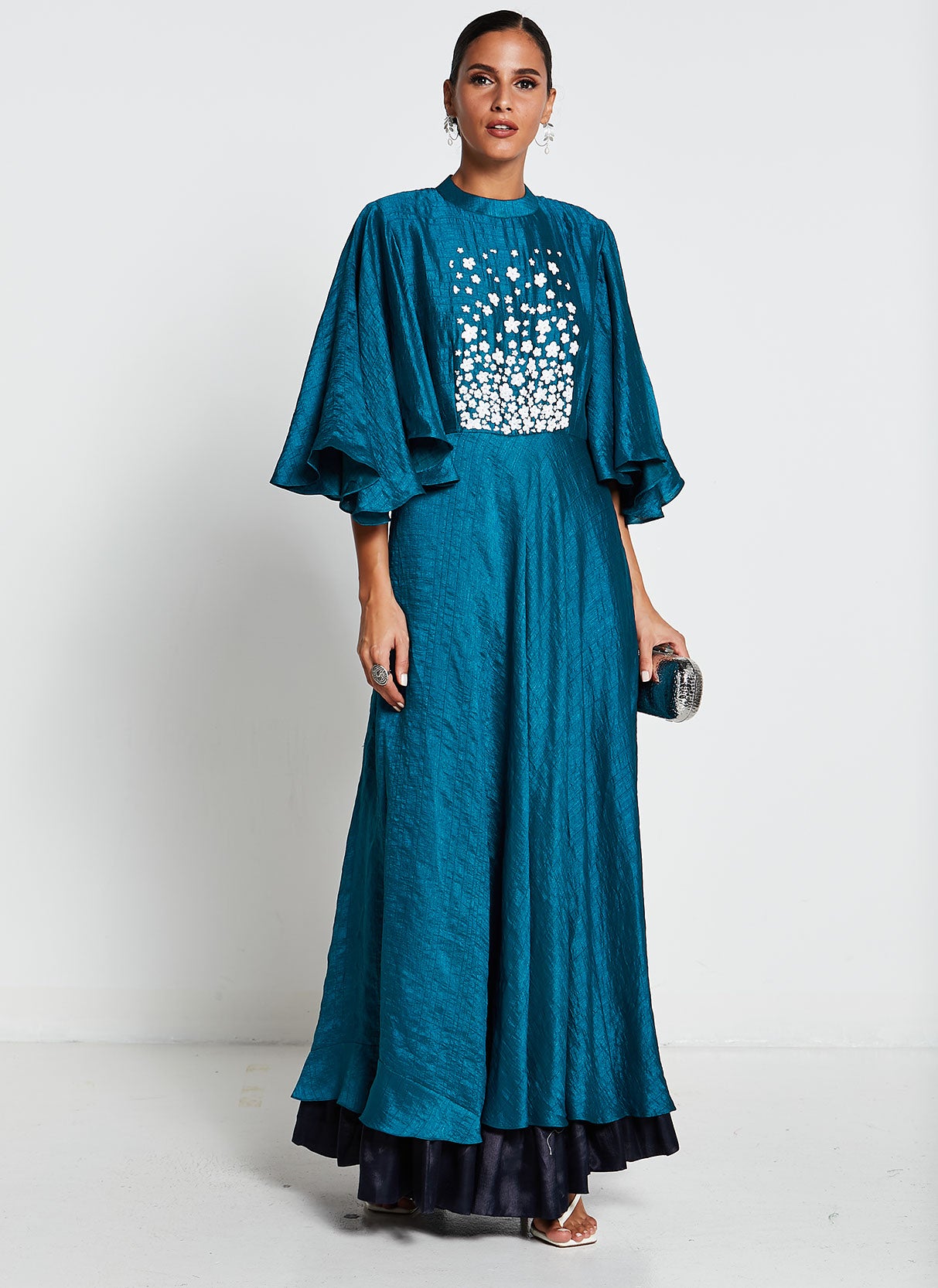 Teal Muslin Silk Embroidered Gown