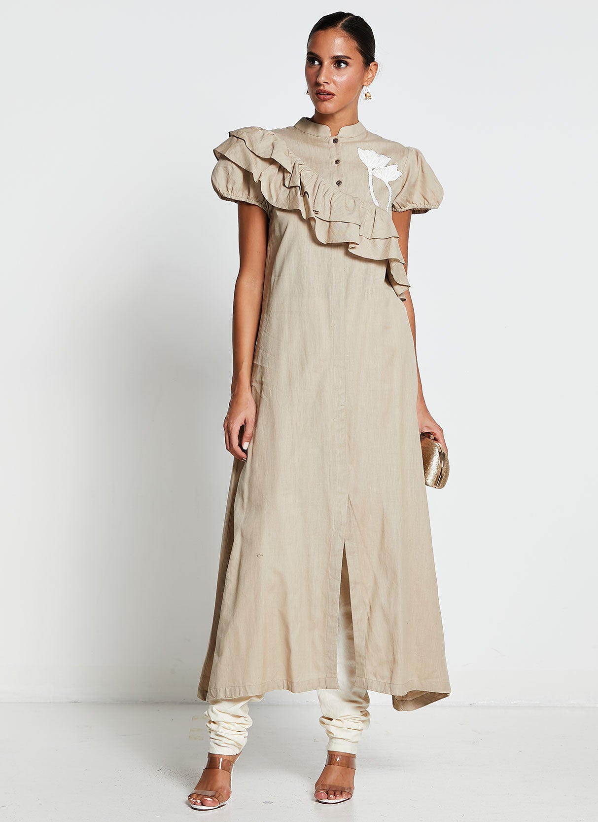 Beige Linen Cotton Ruffled Dress