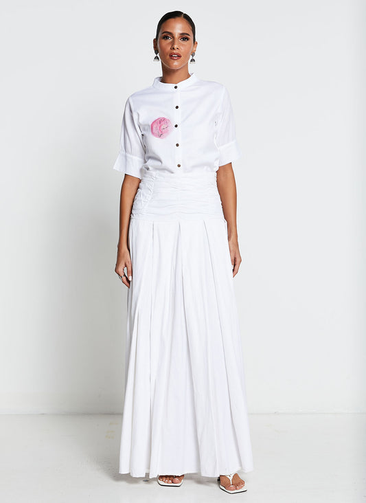 White Linen Cotton Skirt and Shirt Set