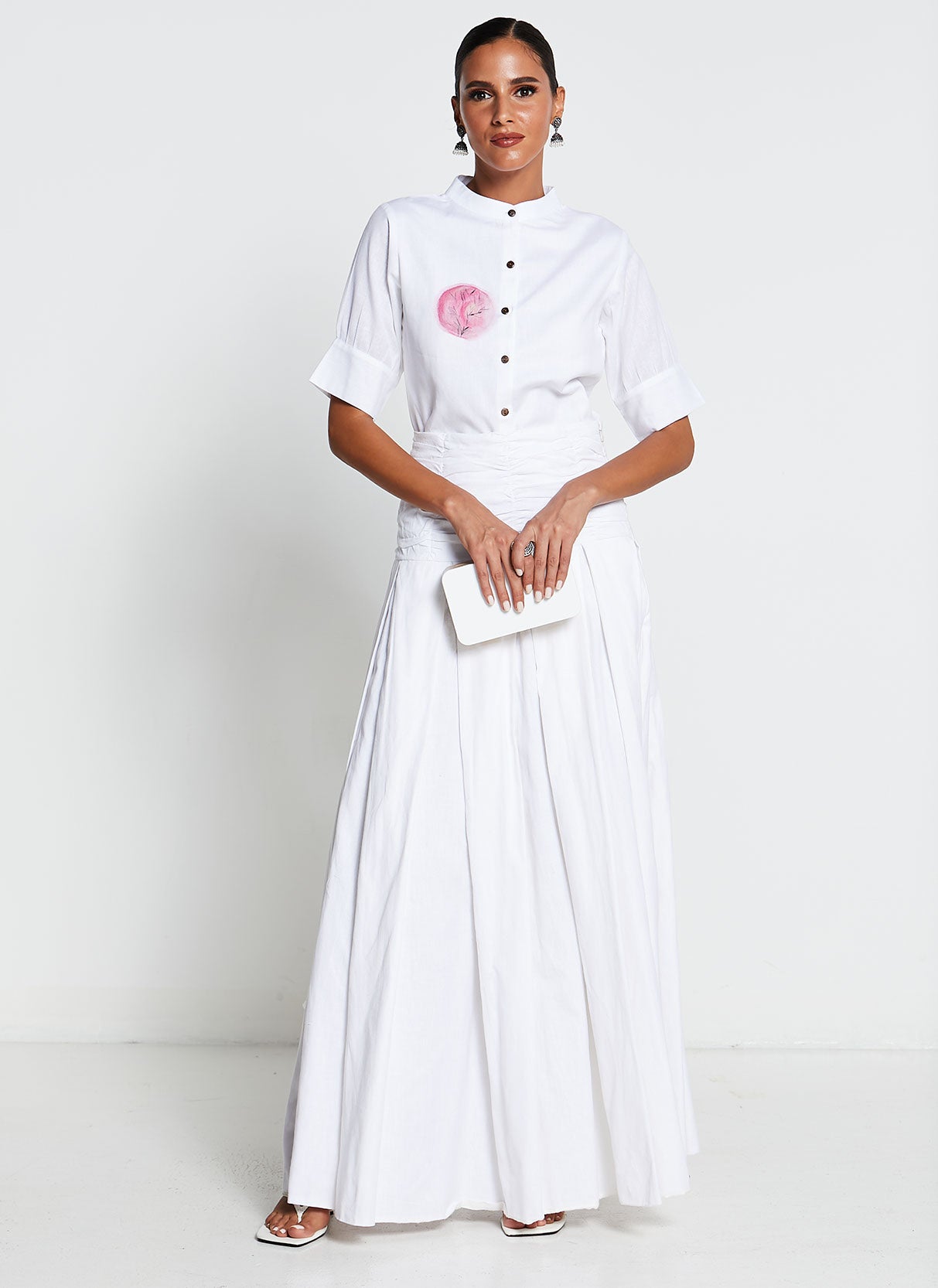 White Linen Cotton Skirt and Shirt Set