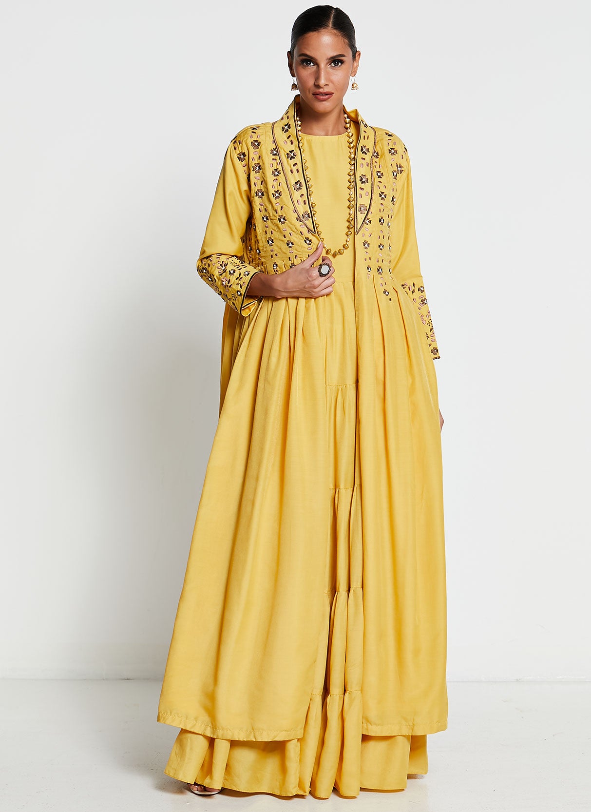 Yellow Muslin Silk Gown with Jacket