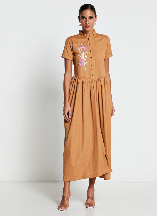 Brown Linen Cotton Frok Dress
