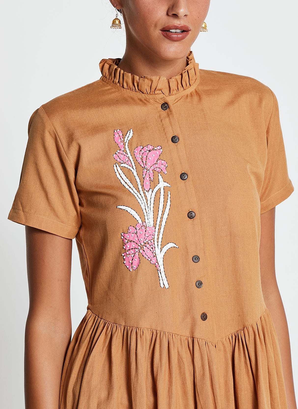 Brown Linen Cotton Frok Dress