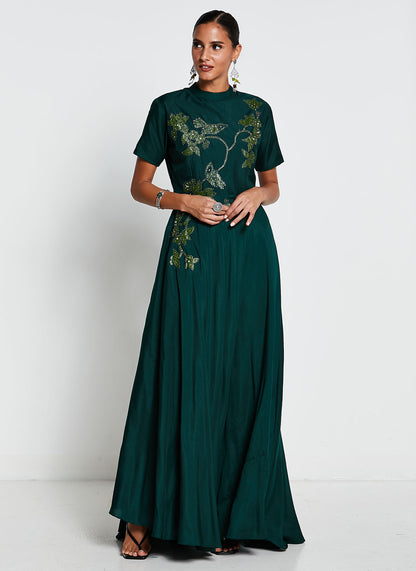 Deep Green Muslin Silk Gown