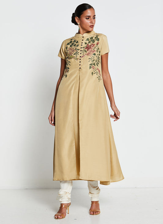 Beige Muslin Silk Long Kurti