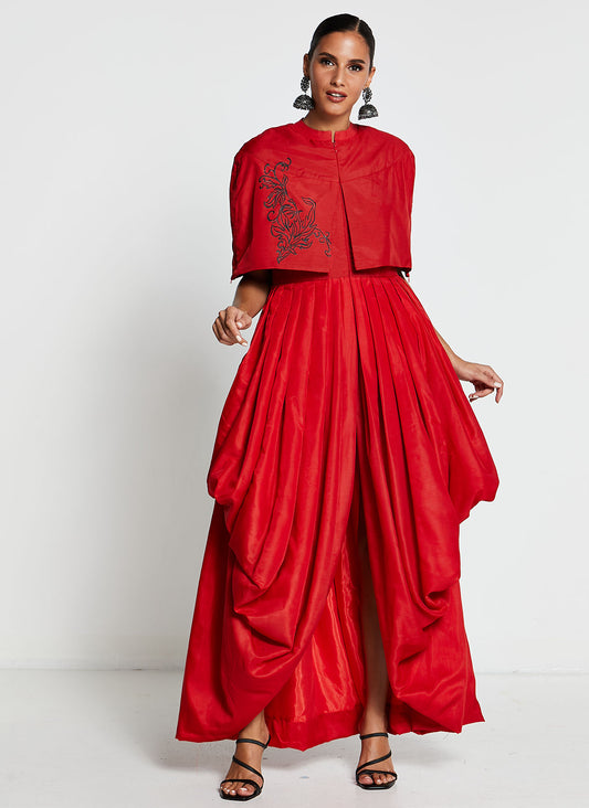 Red Hand-Painted Muslin Silk Gown