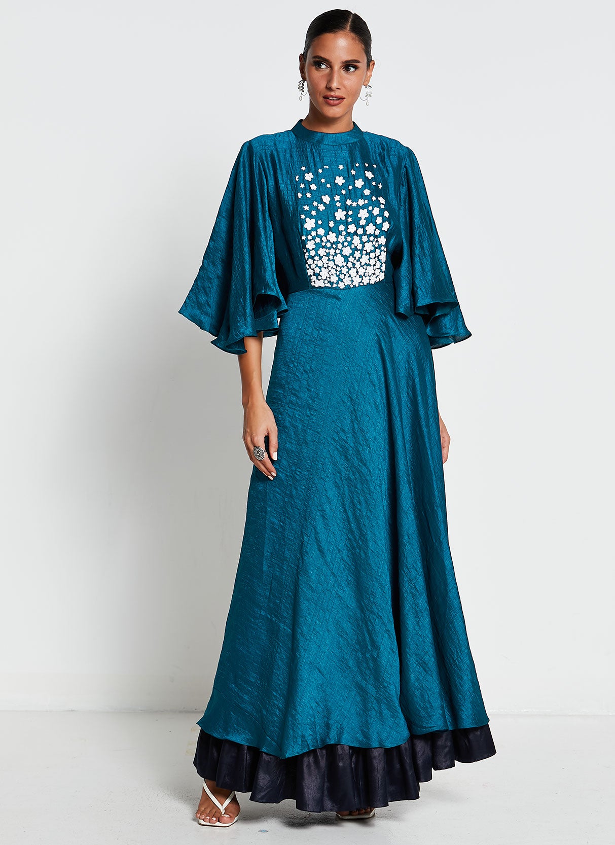 Teal Muslin Silk Embroidered Gown