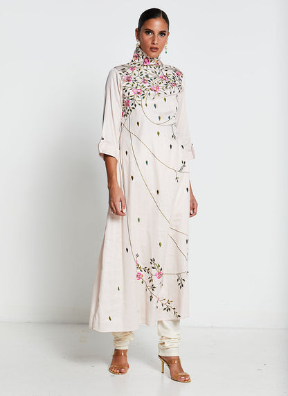 Cream Muslin Silk Hand-Painted Kurti