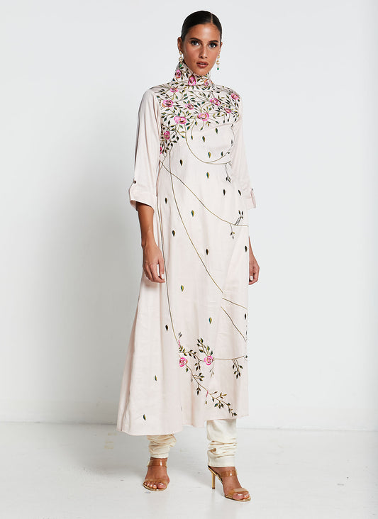 Cream Muslin Silk Hand-Painted Kurti