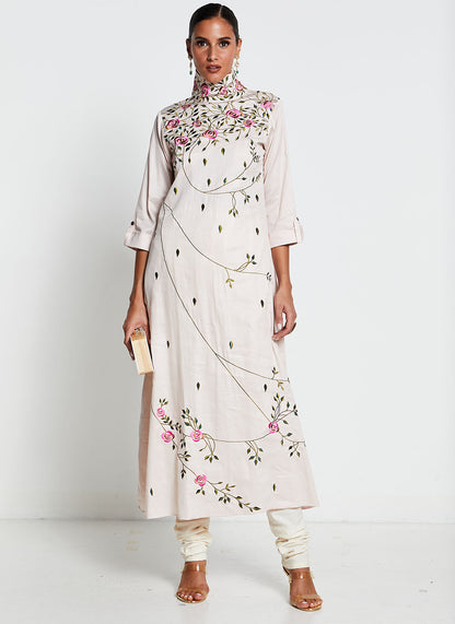 Cream Muslin Silk Hand-Painted Kurti