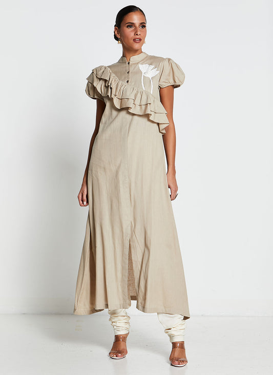 Beige Linen Cotton Ruffled Dress