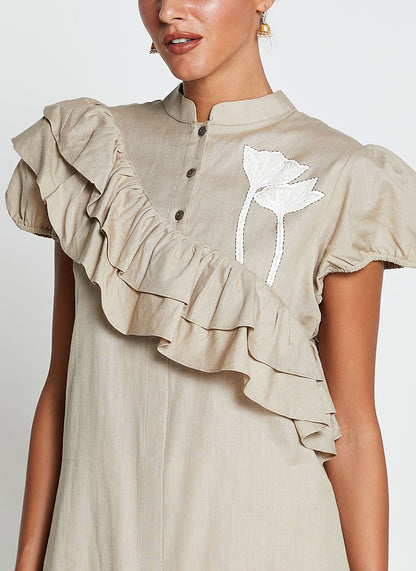 Beige Linen Cotton Ruffled Dress