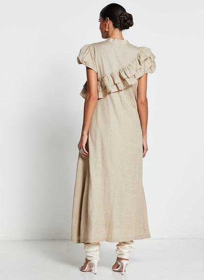 Beige Linen Cotton Ruffled Dress