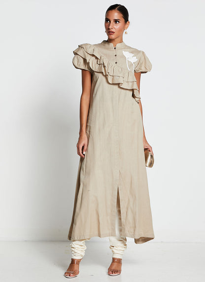Beige Linen Cotton Ruffled Dress