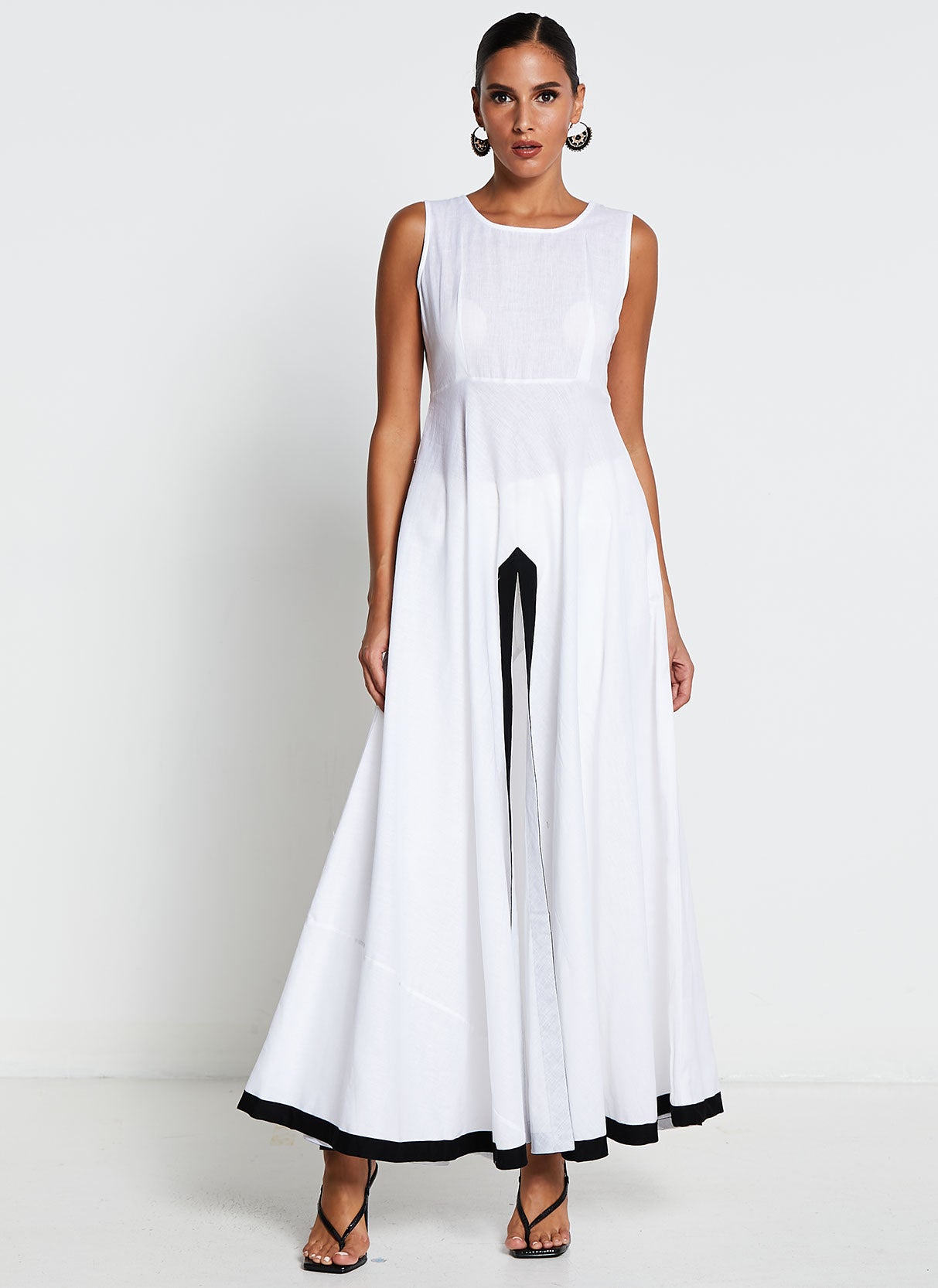Black and White Linen Cotton Long Dress