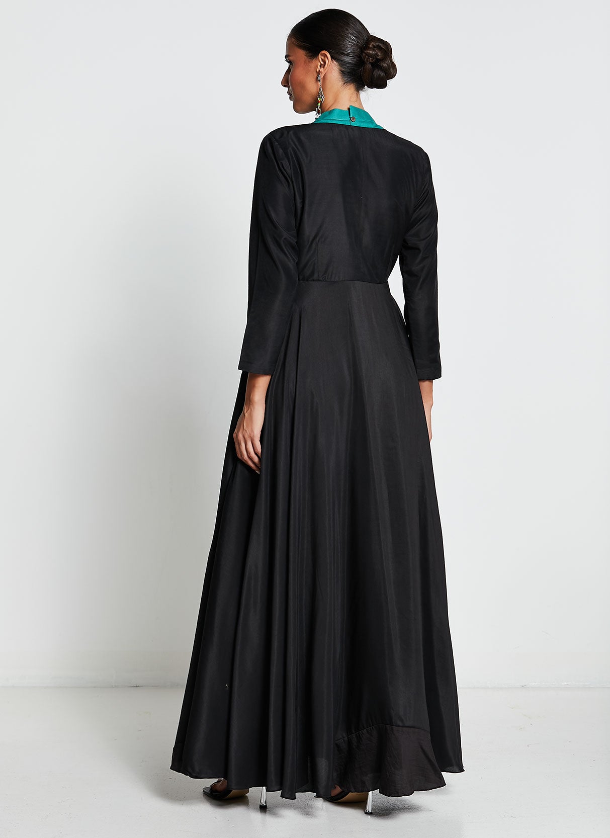 Black Linen Gown with Teal Embroidery