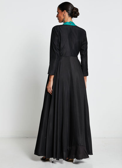 Black Linen Gown with Teal Embroidery