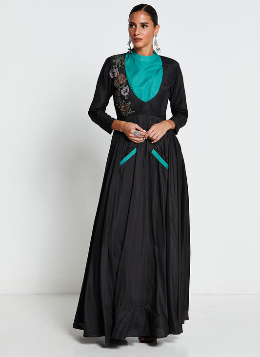 Black Linen Gown with Teal Embroidery