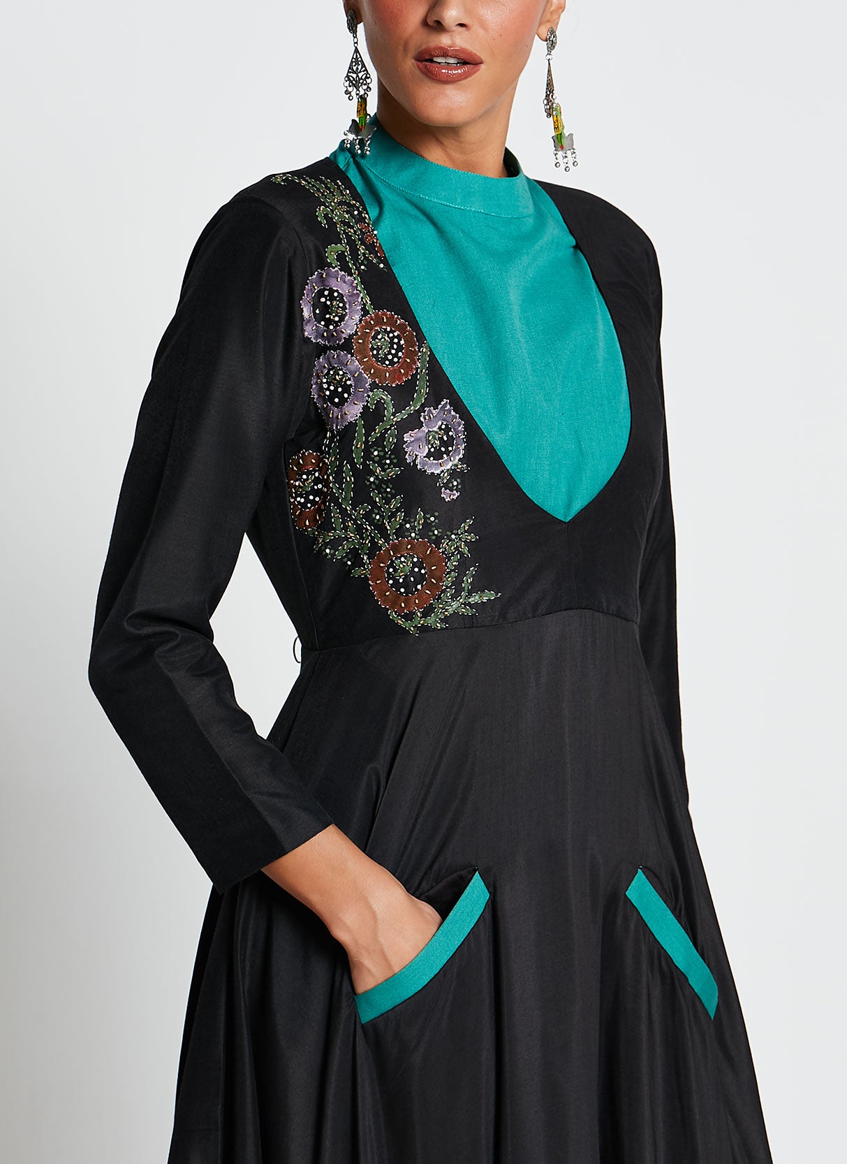 Black Linen Gown with Teal Embroidery