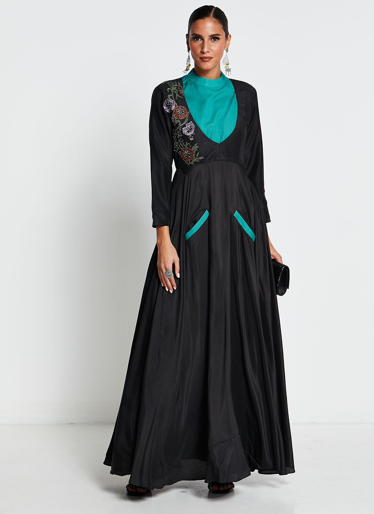 Black Linen Gown with Teal Embroidery