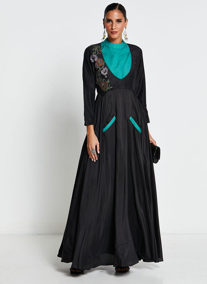 Black Linen Gown with Teal Embroidery