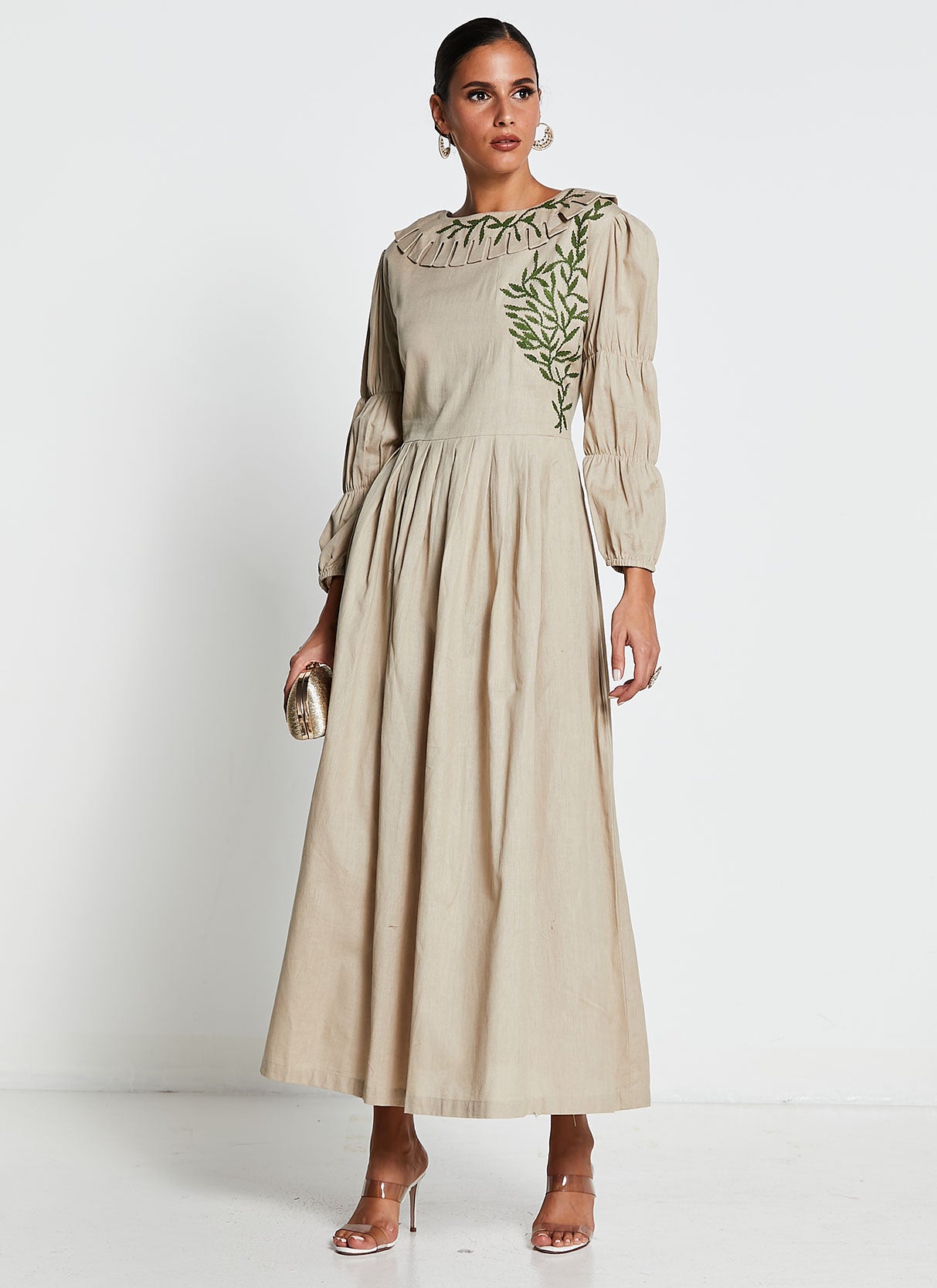 Beige Linen Cotton Long Dress