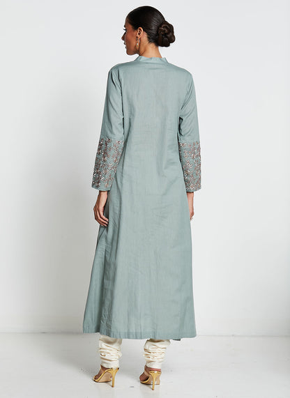 Sage Green Linen Cotton Ruffled Kurta