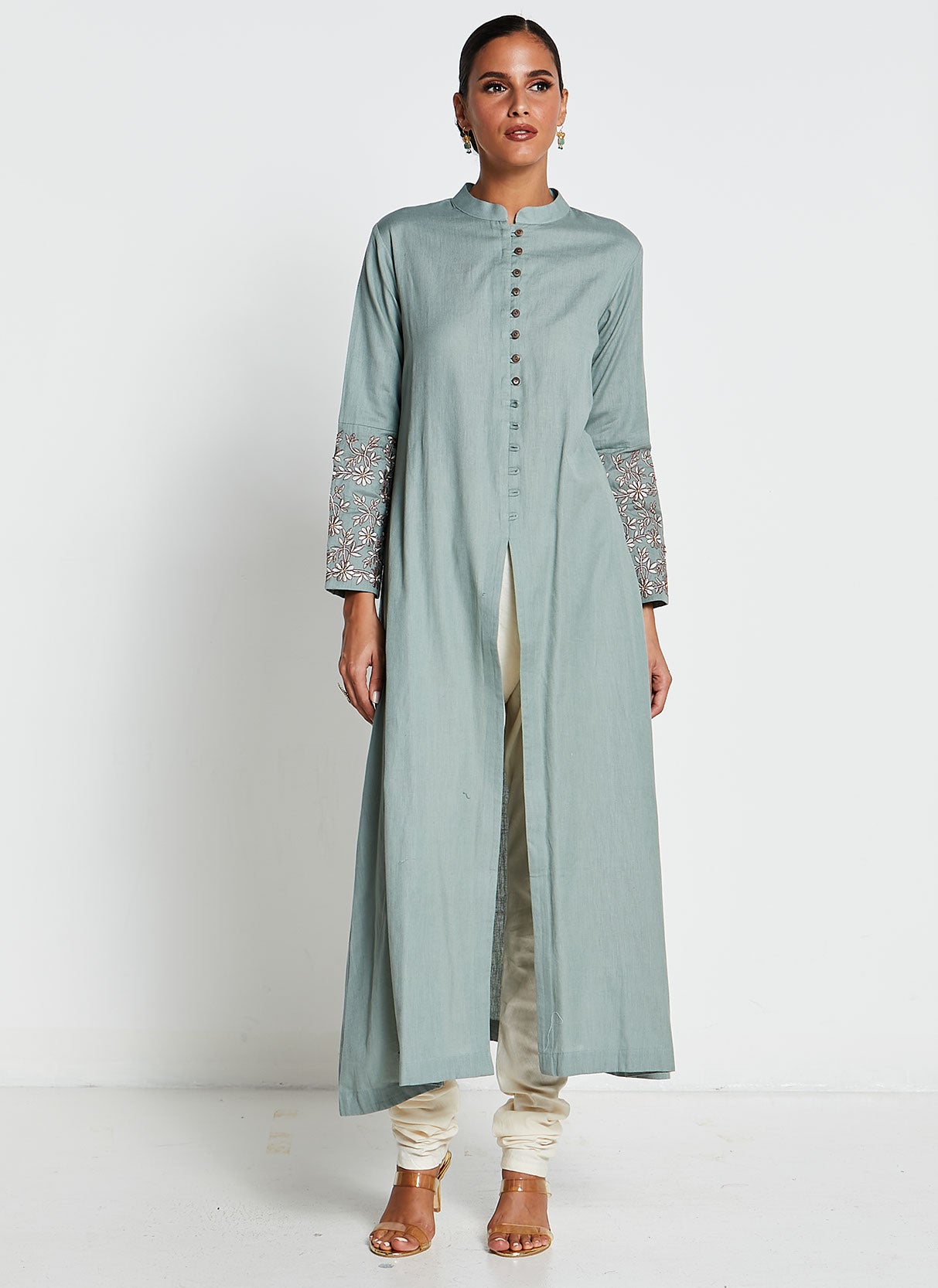 Sage Green Linen Cotton Ruffled Kurta