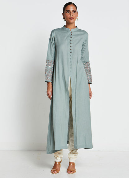 Sage Green Linen Cotton Ruffled Kurta