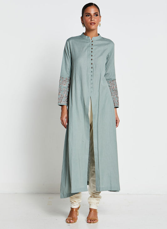 Sage Green Linen Cotton Ruffled Kurta
