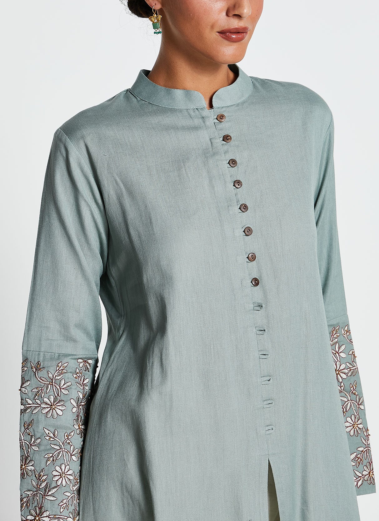 Sage Green Linen Cotton Ruffled Kurta