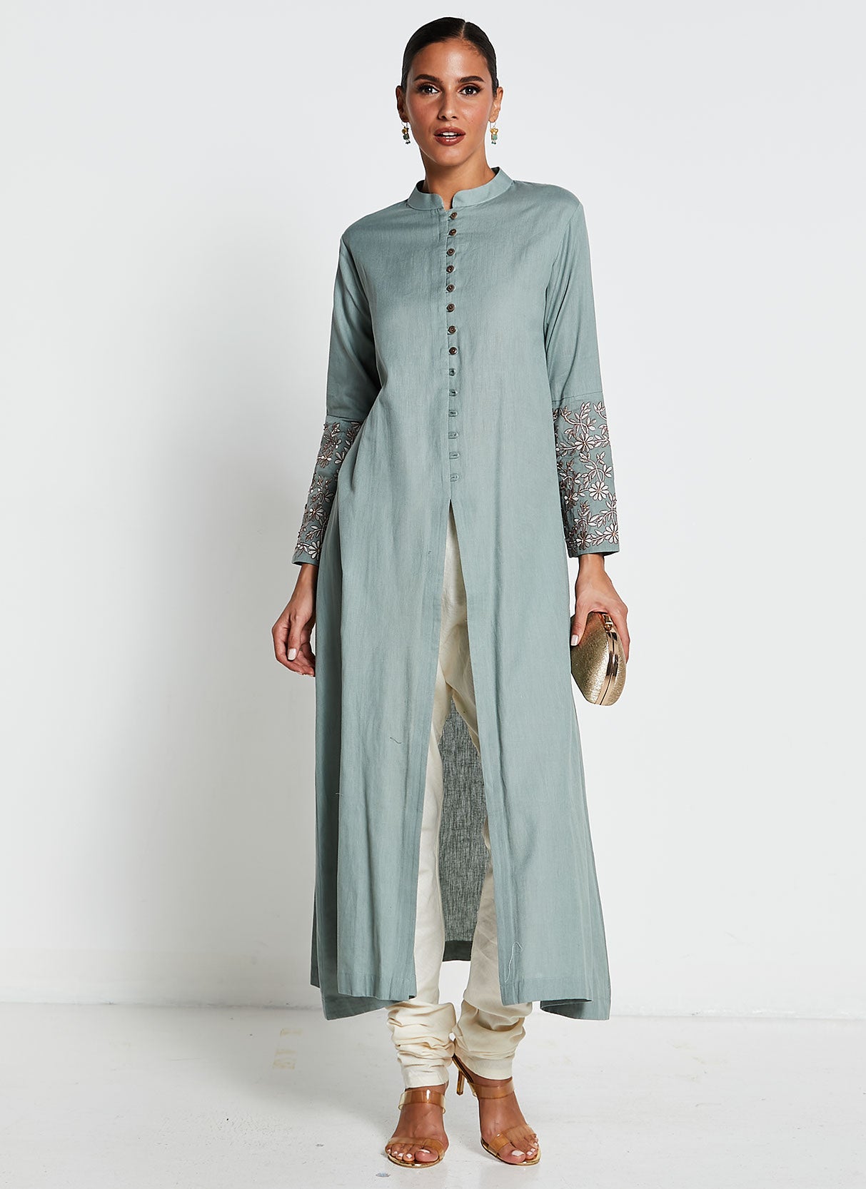 Sage Green Linen Cotton Ruffled Kurta