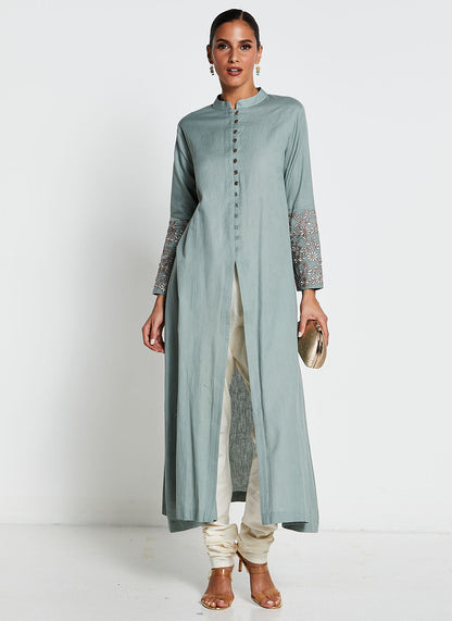 Sage Green Linen Cotton Ruffled Kurta