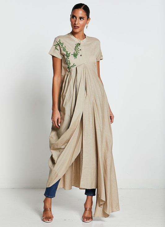Beige Linen Cotton Asymmetrical Long Dress
