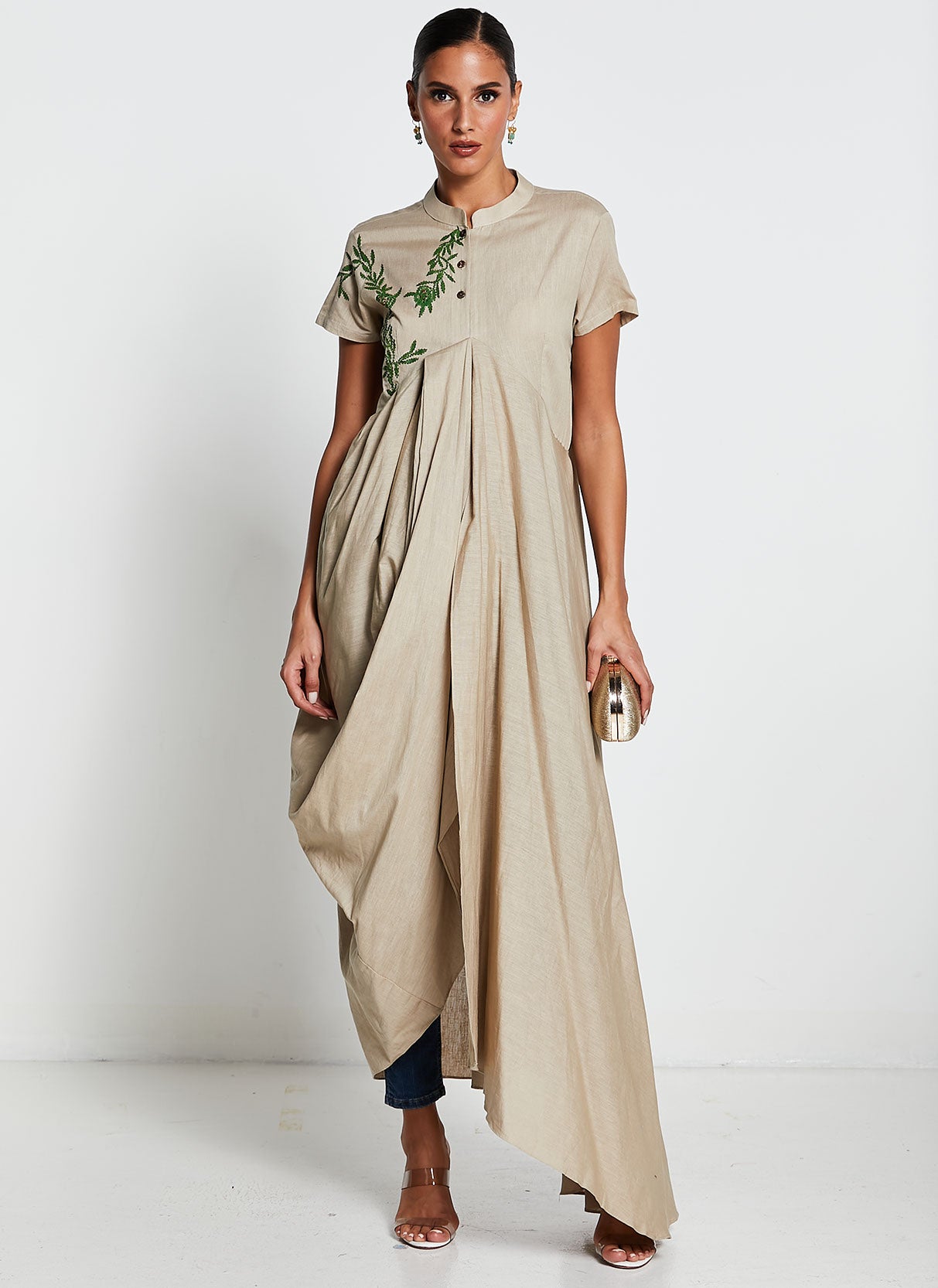Beige Linen Cotton Asymmetrical Long Dress