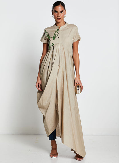 Beige Linen Cotton Asymmetrical Long Dress