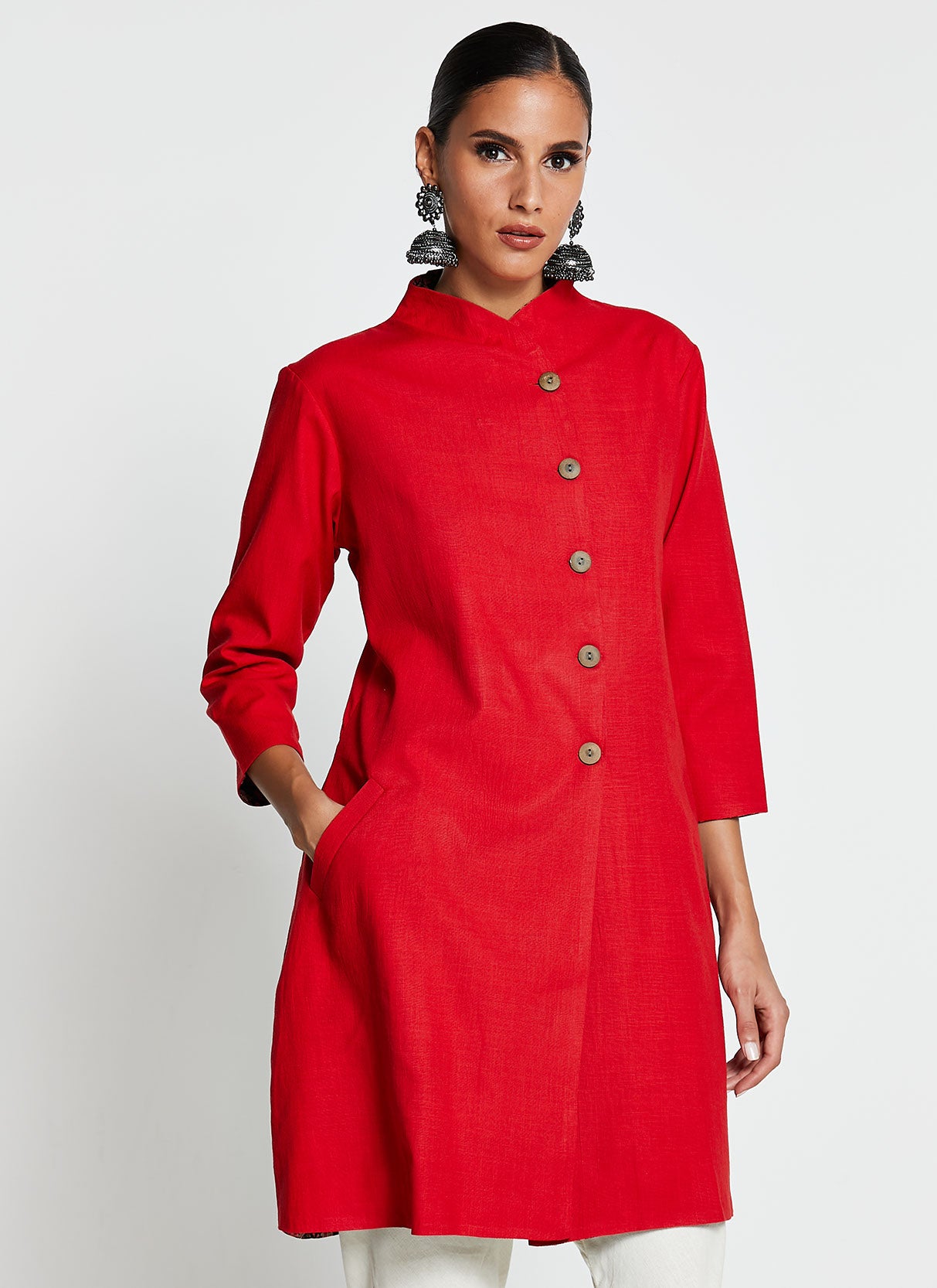 Red Knee-Length Jacket Dress with Pants