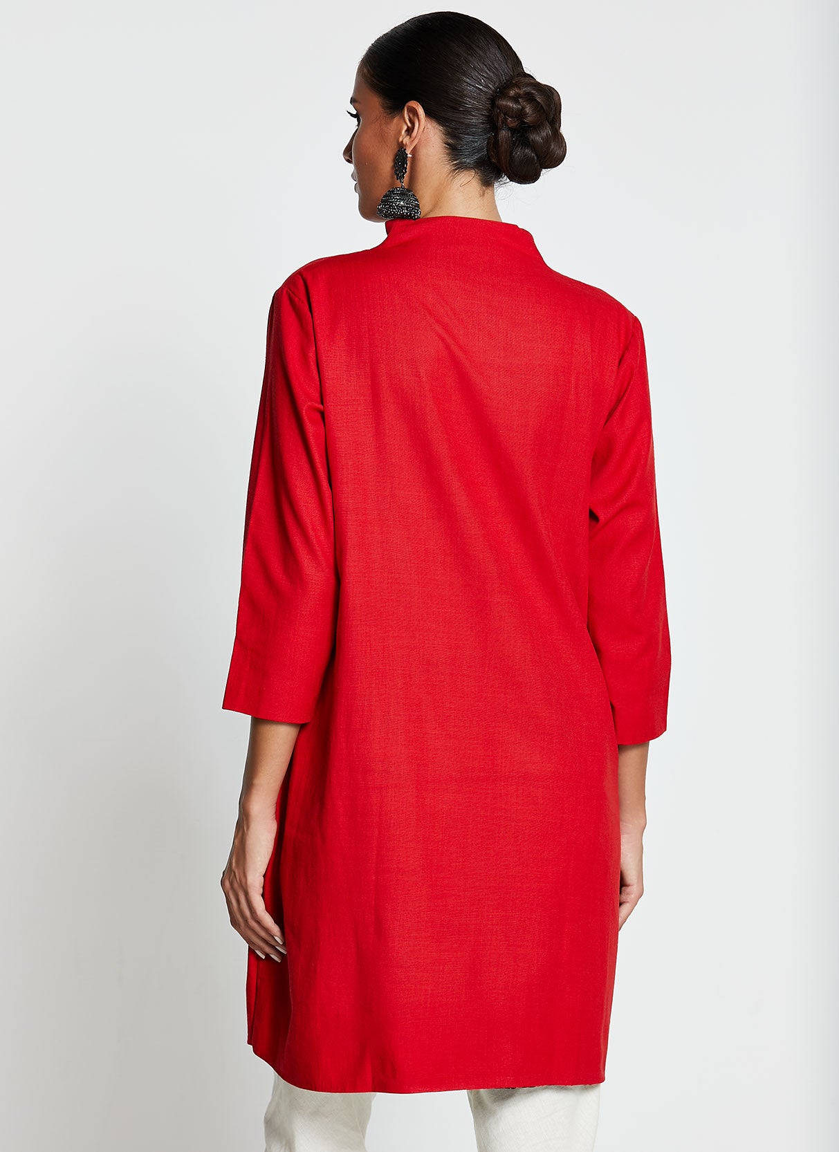 Red Knee-Length Jacket Dress with Pants