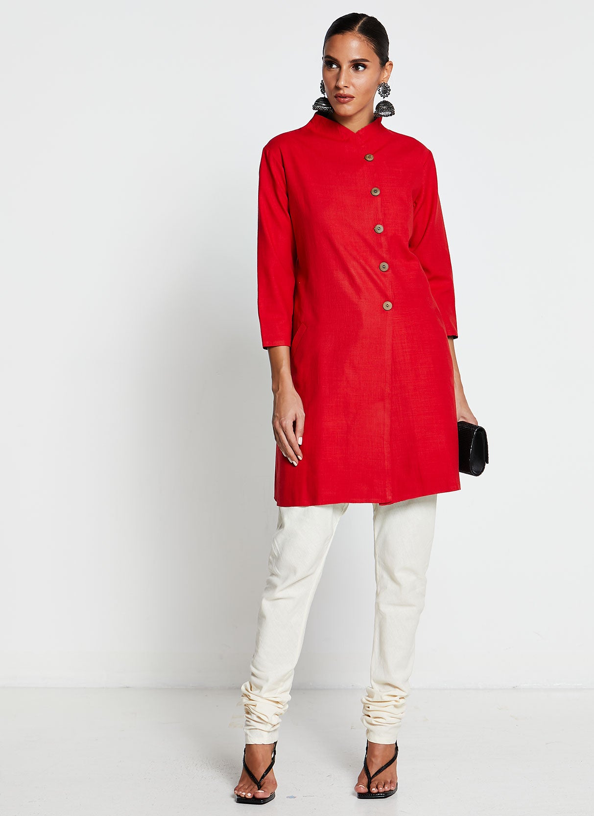Red Knee-Length Jacket Dress with Pants