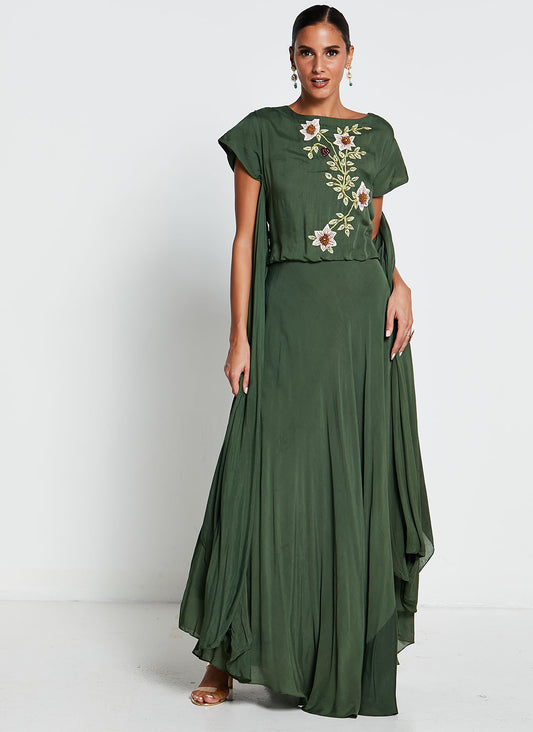 Green Muslin Silk Asymmetrical Gown