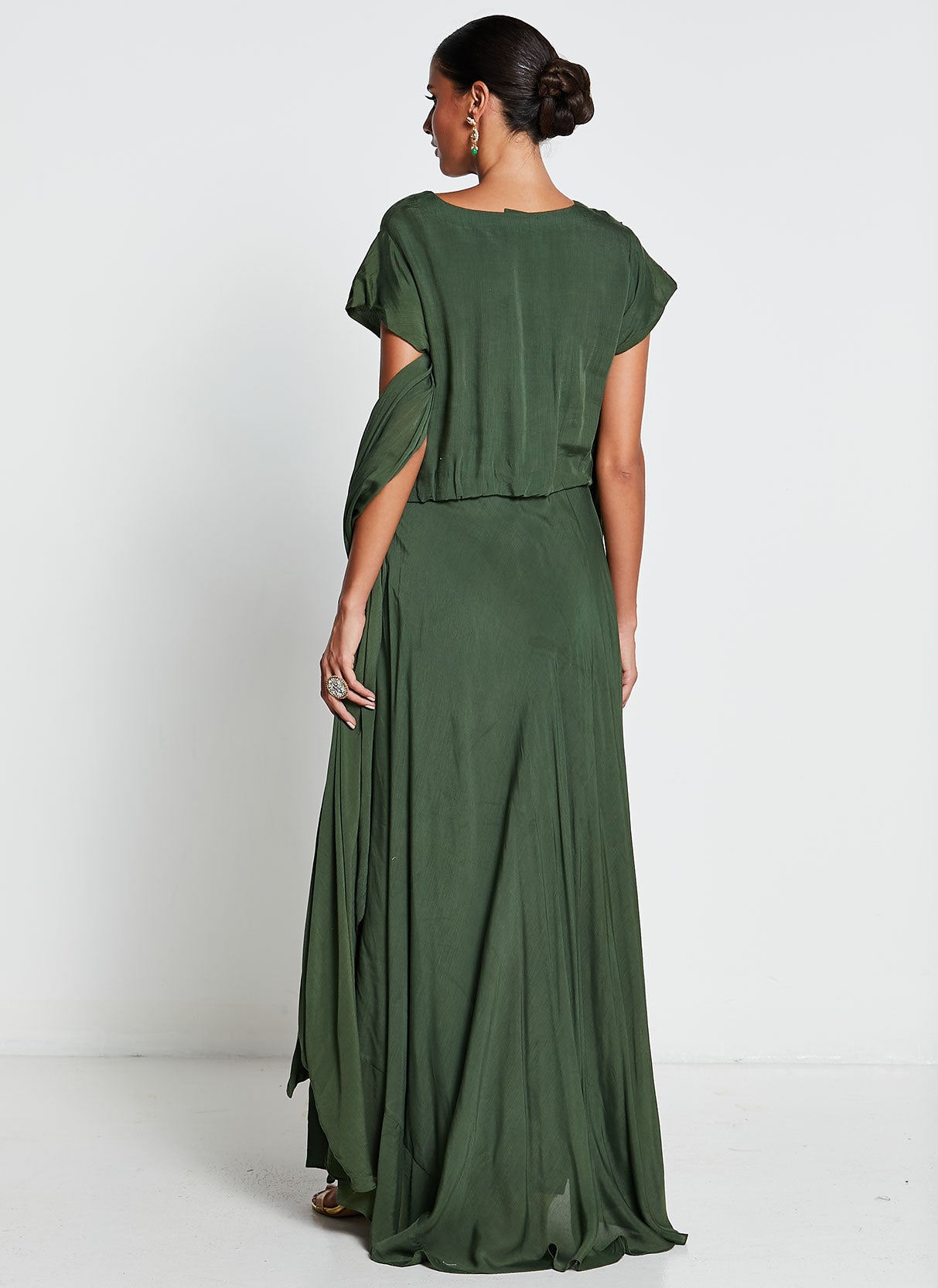 Green Muslin Silk Asymmetrical Gown