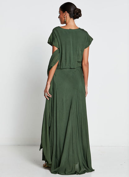 Green Muslin Silk Asymmetrical Gown