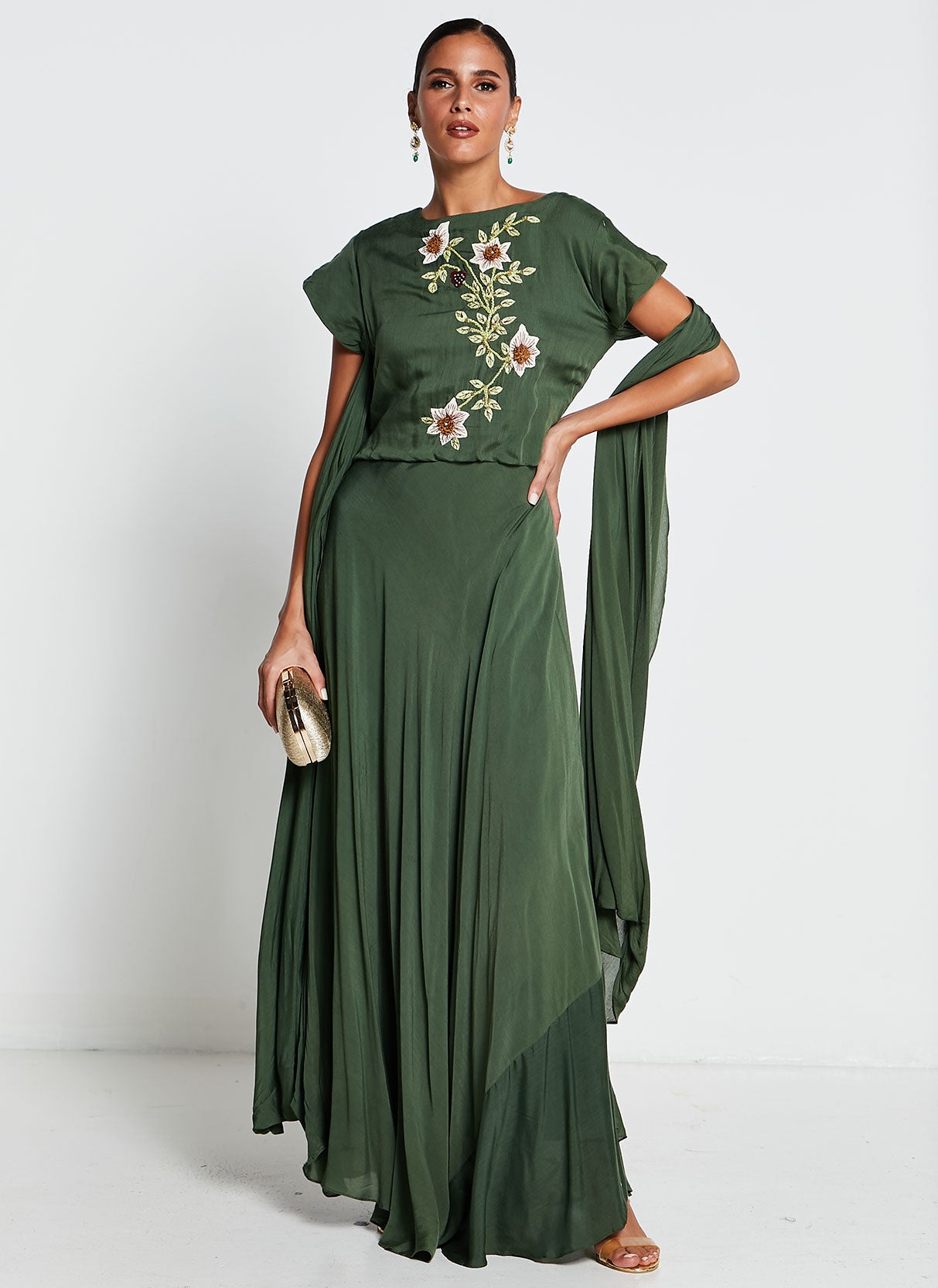 Green Muslin Silk Asymmetrical Gown