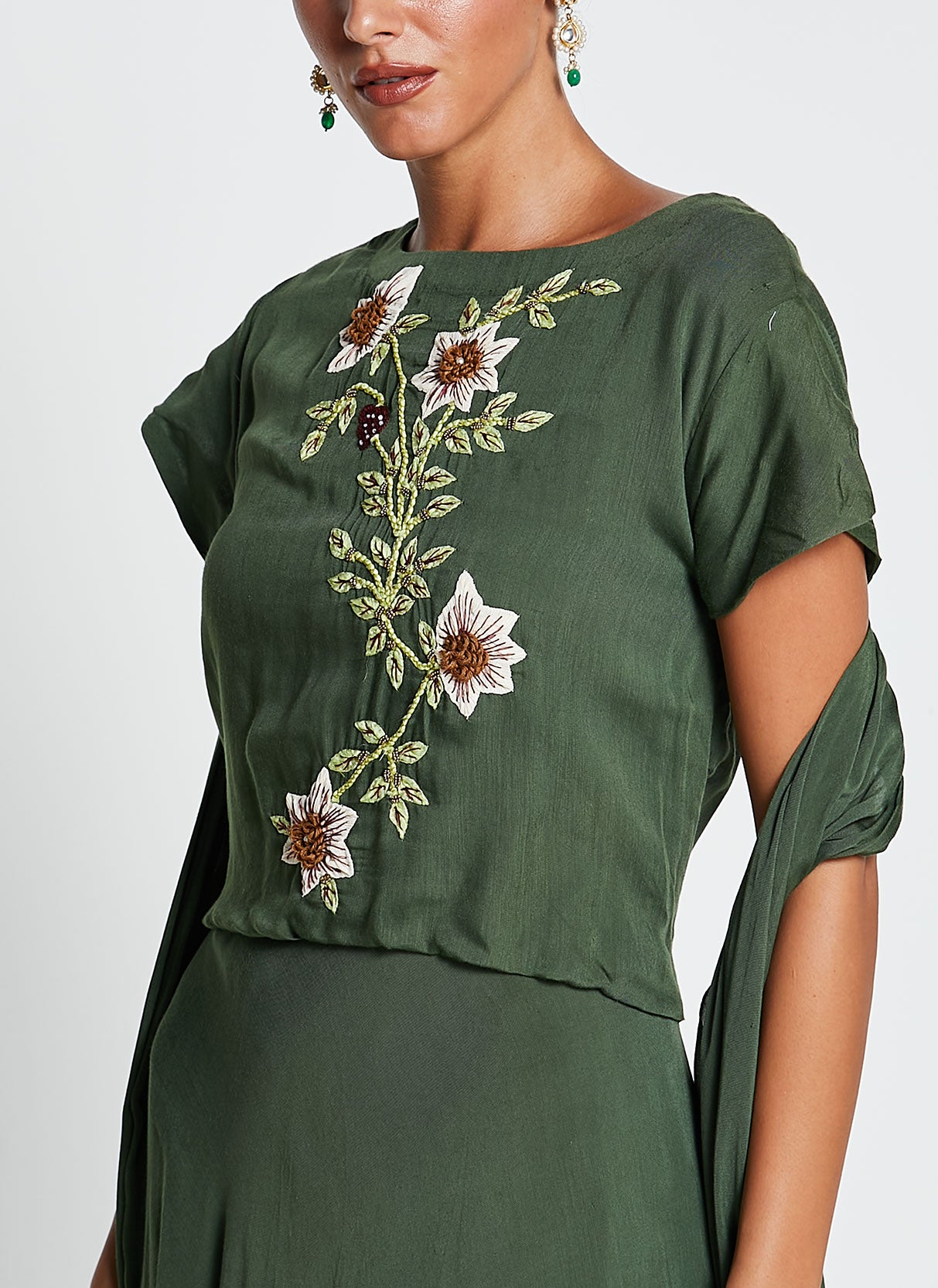 Green Muslin Silk Asymmetrical Gown