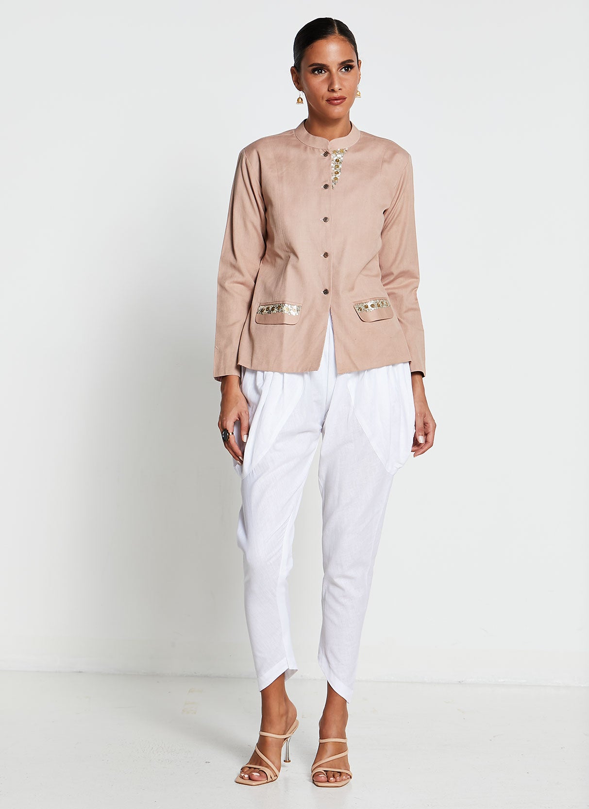 Beige Mid-Length Jacket with Tulip Pants