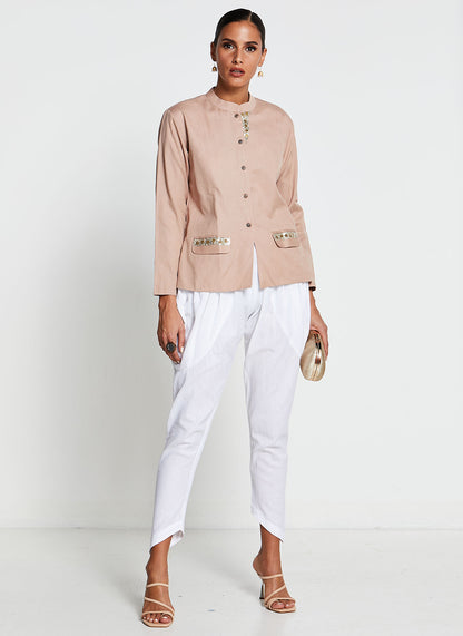 Beige Mid-Length Jacket with Tulip Pants