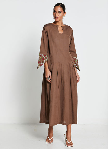 Brown Linen Cotton Embroidered Dress