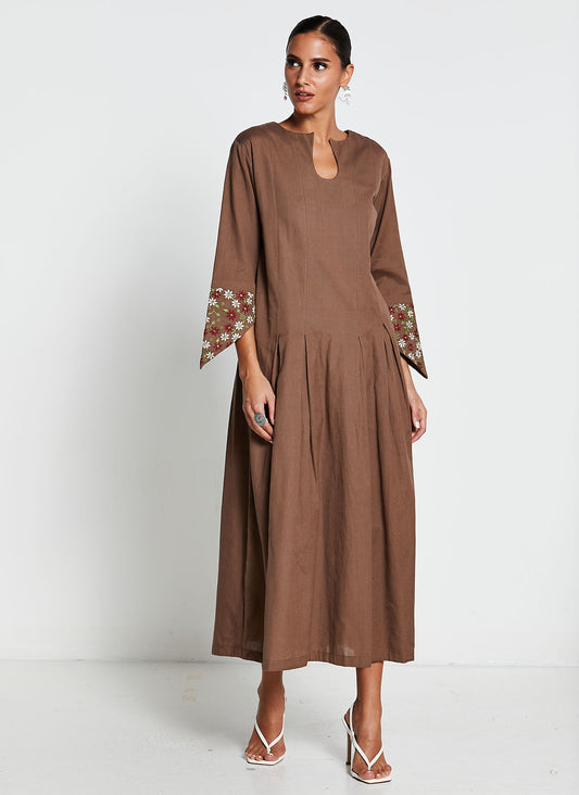 Brown Linen Cotton Embroidered Dress
