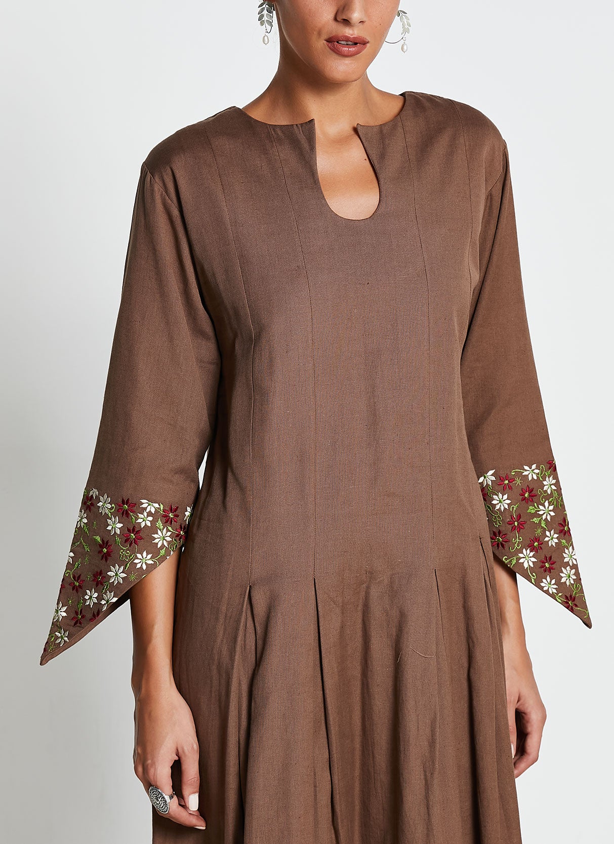 Brown Linen Cotton Embroidered Dress